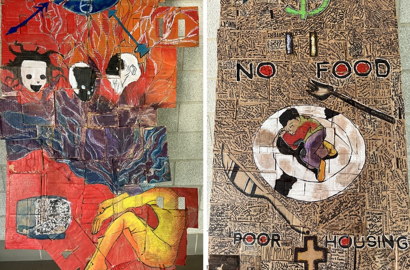  two photos of collage murals. One about mental health and one about hunger. 