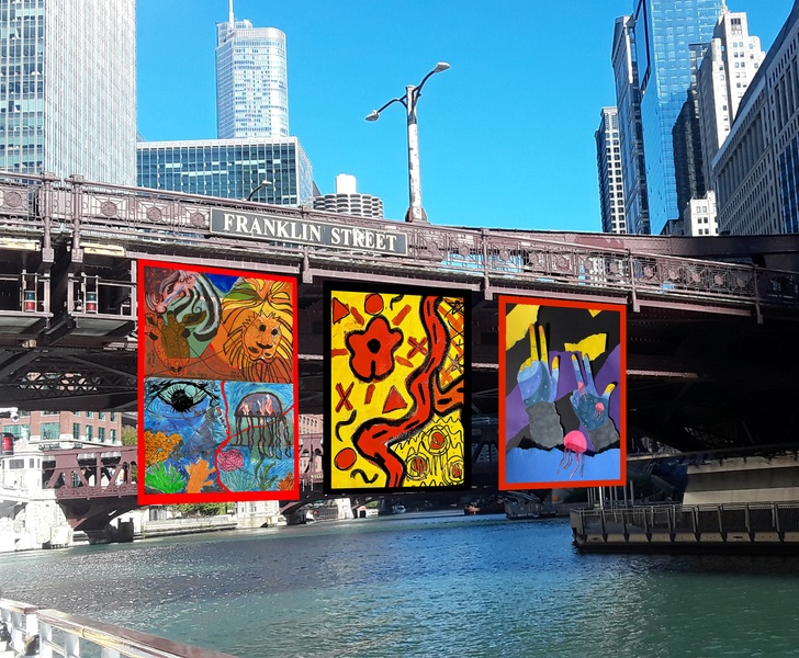  Photoshopped image of banner murals hanging off Chicago Bridge 