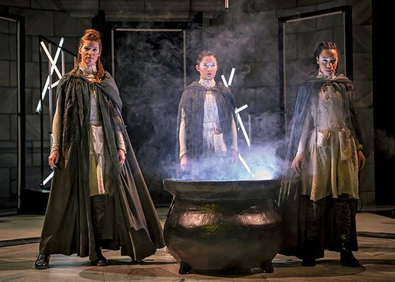  Image of the witches around a hazy cauldron in Short Shakes! Macbeth by William Shakespeare adapted and directed by Marti Lyons at Chicago Shakespeare Theatre 