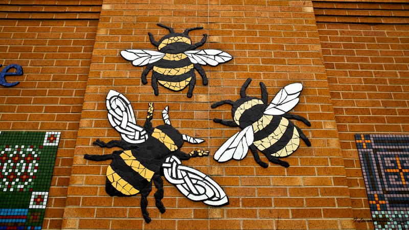  Photo of mosaic bees on brick wall with mirror wings 