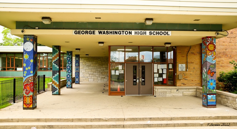  Photo of George Washington HS Entrance showing Mosaic columns 