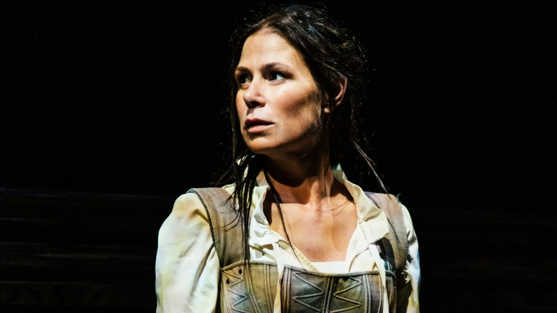  Maura Tierney in Witch by Jen Silverman directed by Marti Lyons at The Geffen Playhouse, close up of Maura Tierney in a dress, looking into the distance. 