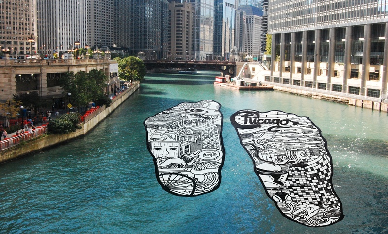  Photoshopped image of cartoon feet walking on Chicago River 