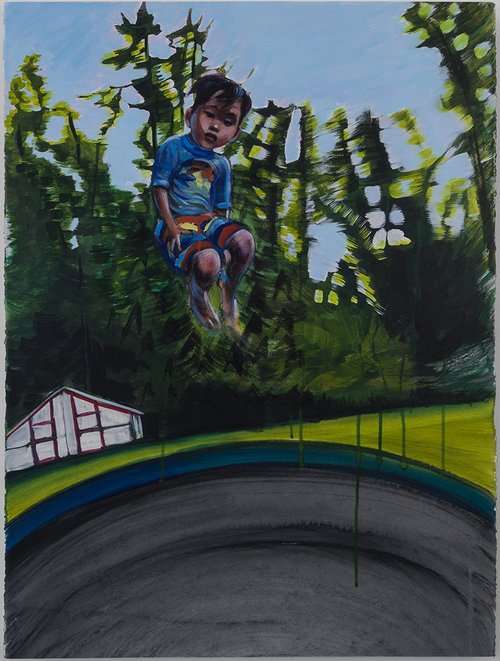 Painting of a young person jumping on a trampoline. They appear midair with their knees bent. The image is painted in a semicircle and appears distorted with blurred trees and foliage in the background.