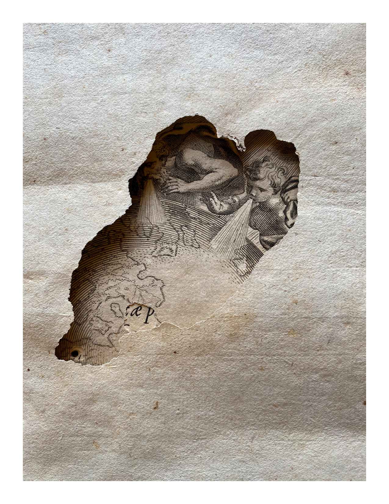 An image of a close up page in an old book. The page has a large irregularly shaped hole thought which one can peek at an engraving below. The hole is a frame, revealing an image of an old man and a child blowing their breath upon the Earth.