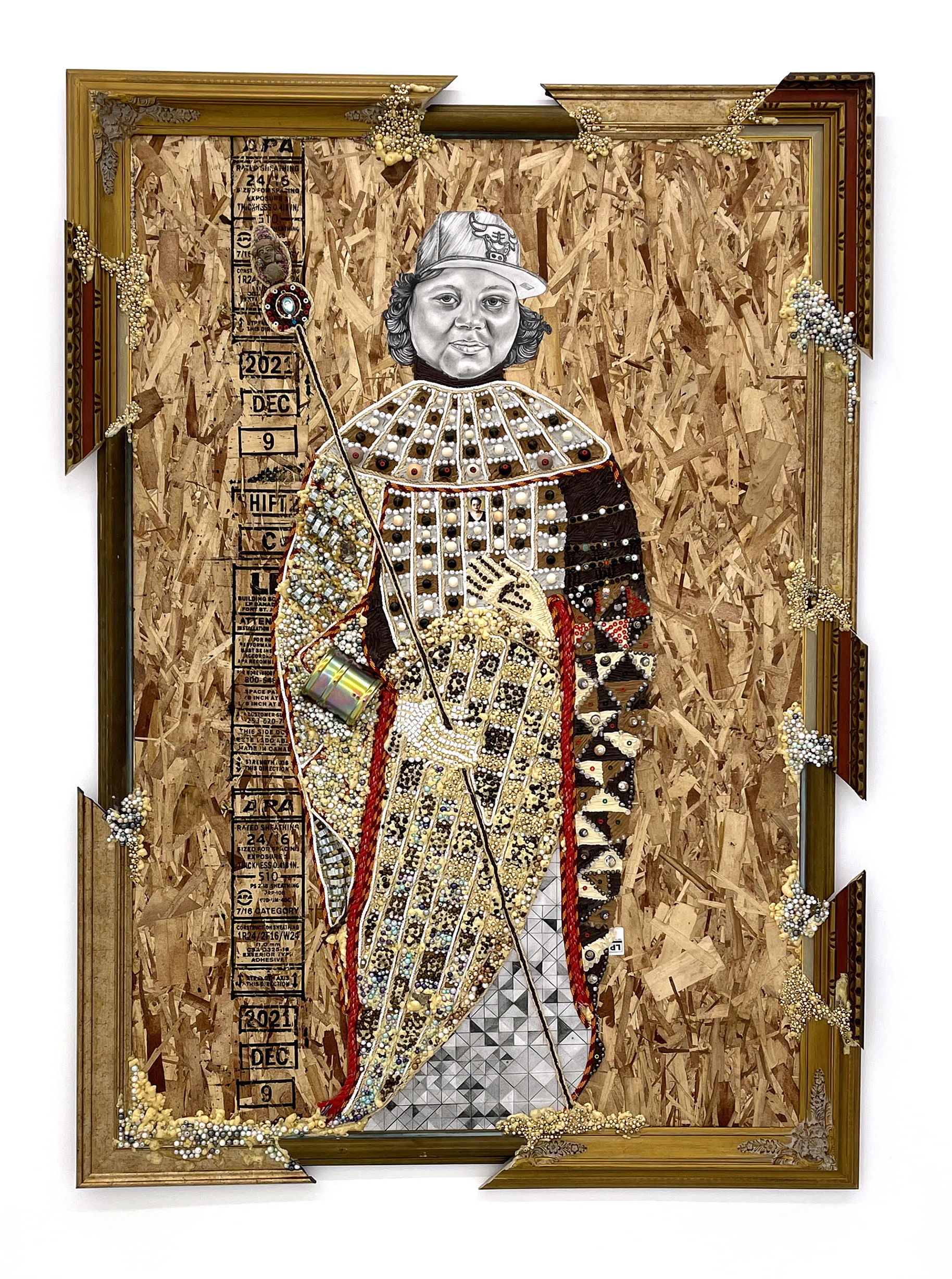 Maria, the artist's mother depicted in her early twenties, the figure mimics the majesty of Byzantine illustration of Maria Antioch. Her imperial pose is shrouded in ornate materials - beads, rope, and glitter. Crowning her head is a Chicago Bulls cap.
