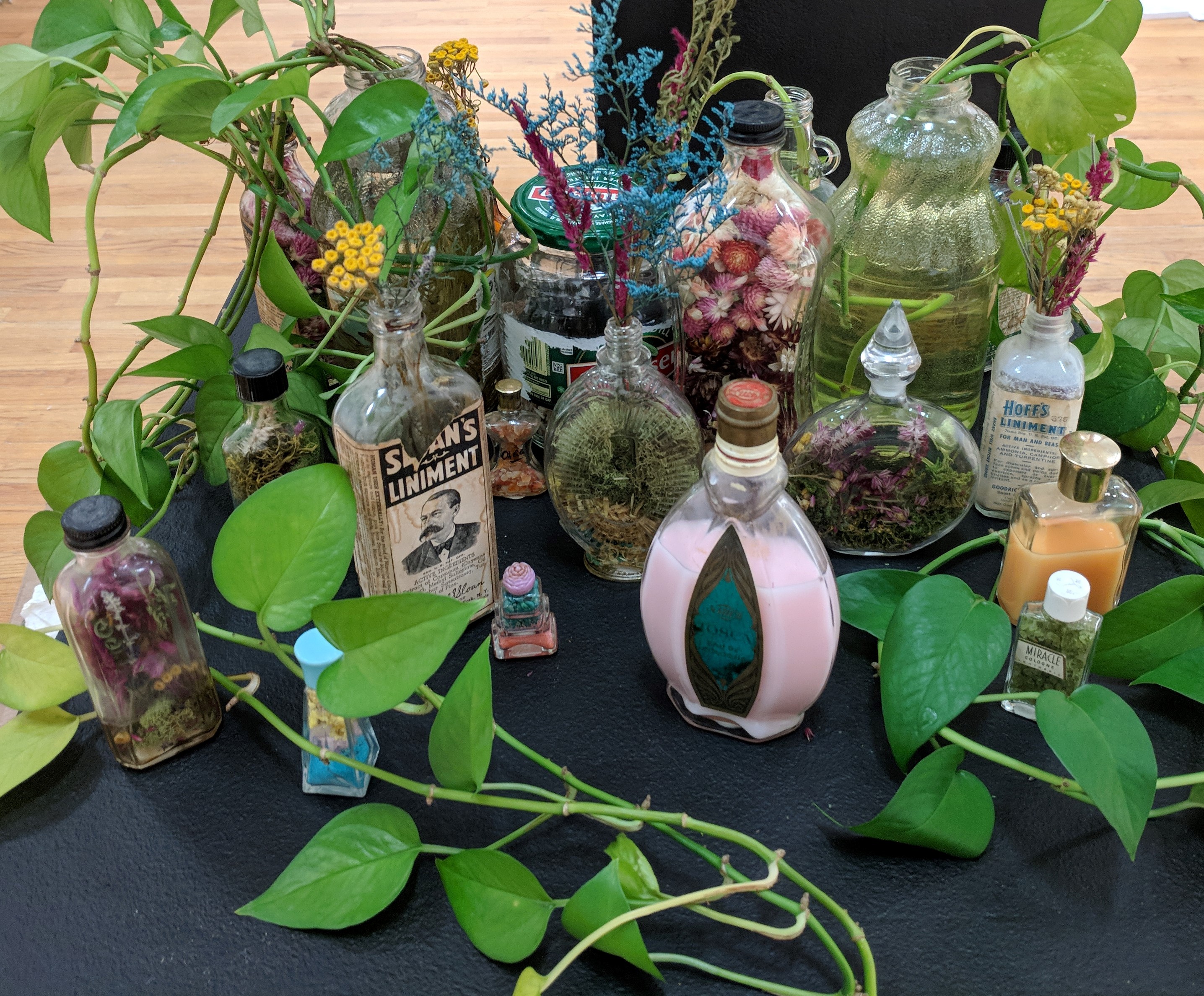 Living plants in jars of water, vintage perfume bottles with colored water, vintage apothecary bottles filled with dried flowers, some filled with green and pink crystal chips
