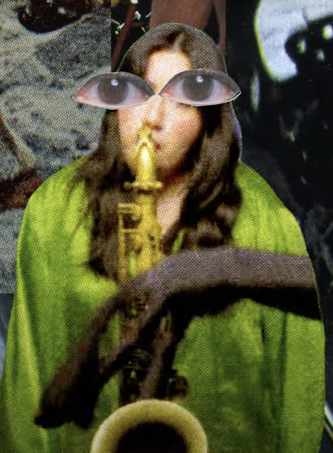 A still from a music video where a woman with long brown hair is collaged stylistically. Her eyes are huge and she is playing a saxophone.