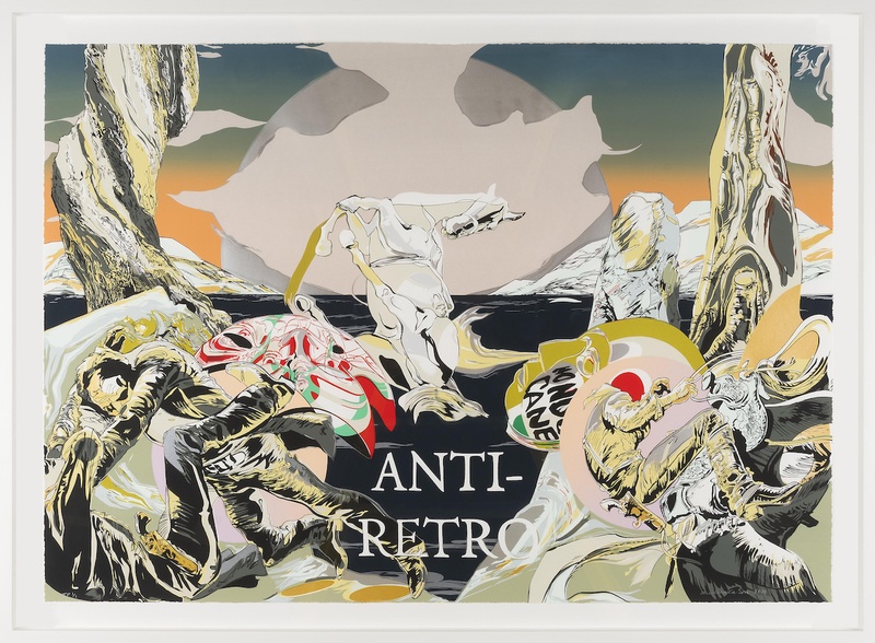  The work reads “Anti-Retro” in white lettering in the center of the composition. Multicolored waves appear on the left and right sides. A white, horse like figure emerges from dark water. 