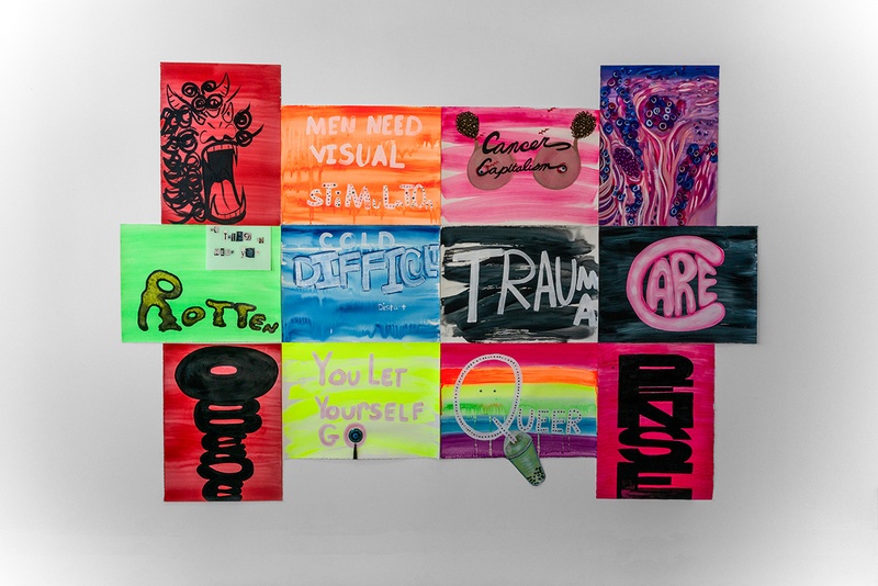  This is a text-based painting. On the left side are hurtful words the artist experienced during her divorce and cancer journey. On the right side are the artist’s defiant responses. 