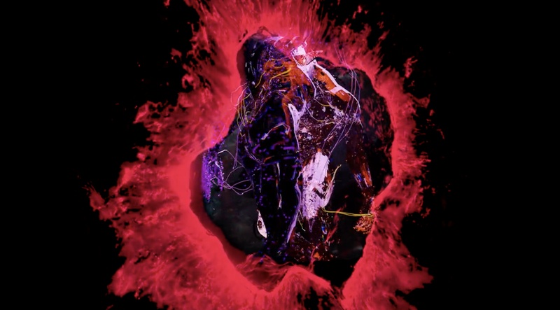  Black and purple abstract image surrounded by red flames 