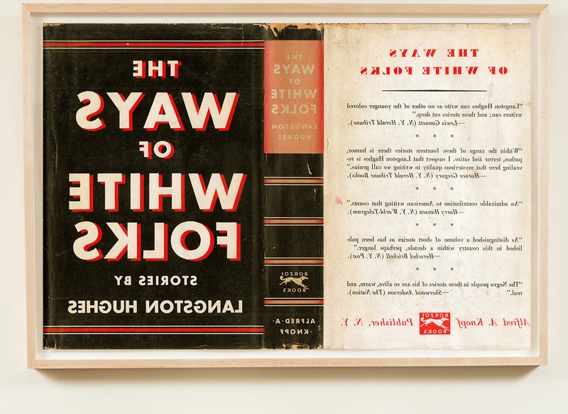 photo-silkscreened print in red, black, umber, and beige tones. Image of a dust jacket that’s been removed from book and laid flat. The print is “flipped” so that the title, “The Ways of White Folks,” reads backwards, like a mirror image.