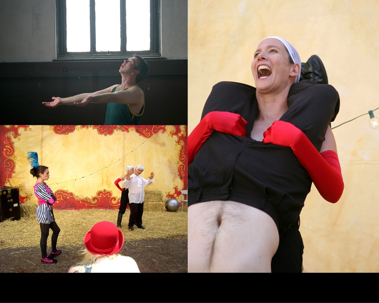 Three photos of a circus performance scene. 