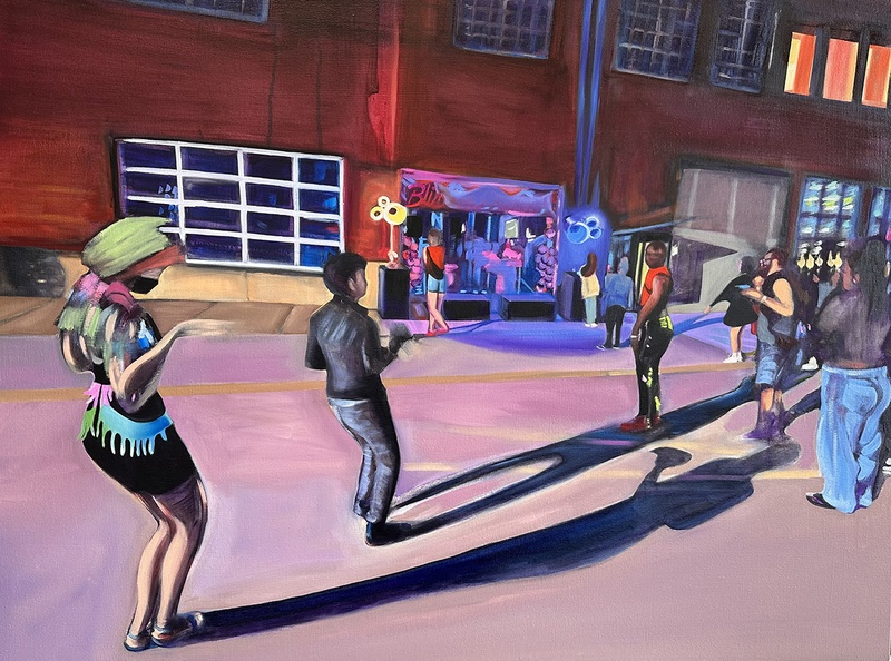 Two figures are dancing in a night scene in Chicag's Back of the Yard's.