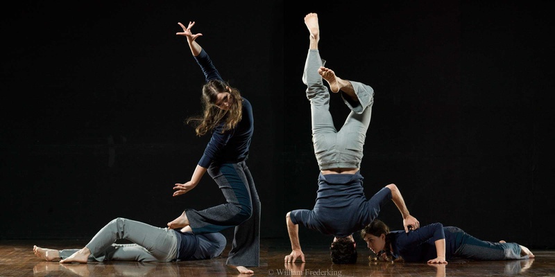  A White woman and man wearing different shades of blue dance in front of a black background on a walnut floor. They are deep within an improvisation that moves from the floor, to being upright, and then upside down. 