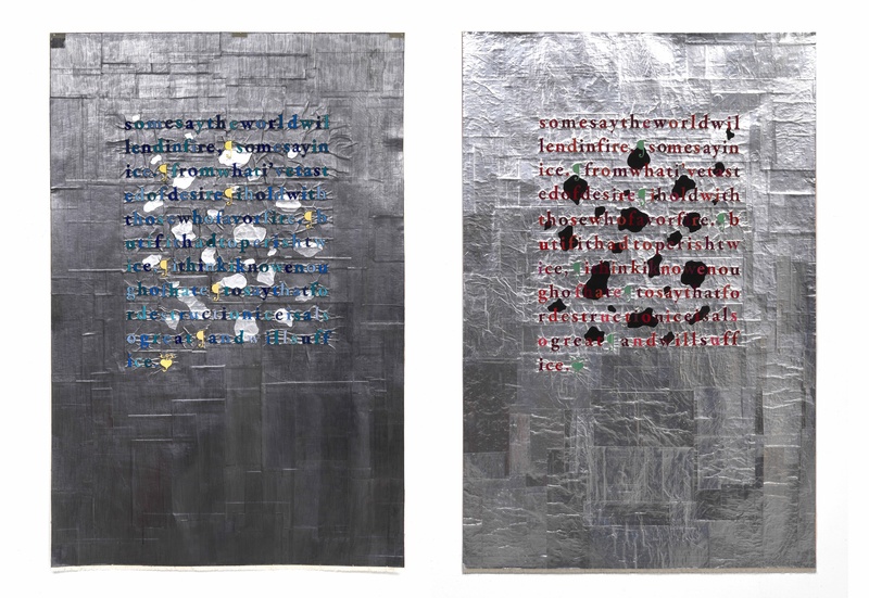  A diptych featuring the poem 'Fire and Ice' by Roberts Frost. The poem is shown twice, on the left is is transcribed with Blue embroidery floss on graphite, on the right it is transcribed with red embroidery floss on aluminum. 