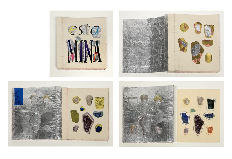  cover and three spreads of the artist's book "Esta Mina" which translates as 'this is a mine.' Whe nthe book pages are turned a collection of minerals is slowly revealed on the right. On the left we see the holes than ensconced them. 