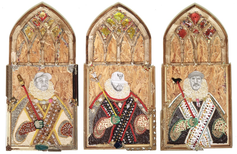  Three charcoal portraits of Latinx men wearing baseball caps, adorned with beads, rope, and caulk. Bonded together with different fragments of wood, gold, and silver baroque frames with a gothic arch. 
