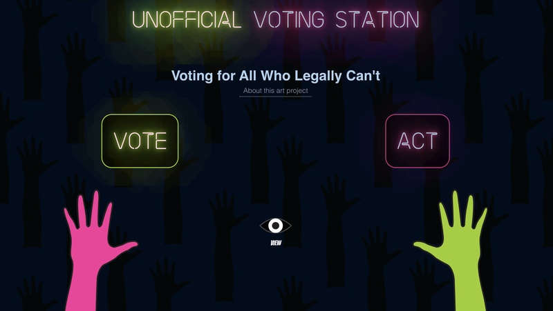  A screenshot of a website page that says Unofficial Voting Station at the top in neon. There are two hands, one in pink and the other in green at the bottom. They are reaching out to two boxes: Vote and ACT, the two main sections of the website. 