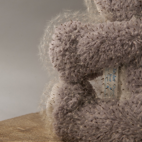  A detail image of a beige teddy bear pierced with thousands of dandelion seeds, sitting on a wooden platform. 