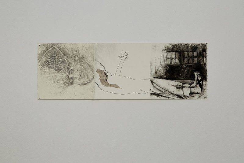 A nightmarish supine figure, whose head, trunk, legs and feet have each been drawn by a different artist, to form an “exquisite corpse.” The head has one eye open, and one eye closed; the trunk references Picasso’s Guernica; and the third part shows a par