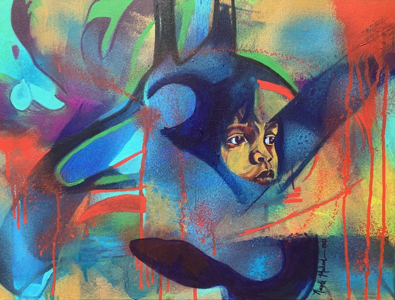  Child's face embedded in abstract background 