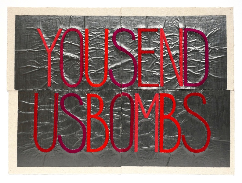  Image of a mixed media text-based work. Letters are embroidered with varied red hues on graphite covered canvas. There are two rows of letters and no spaces between them, yet one can gradually recognize the phrase "YOU SEND US BOMBS" 