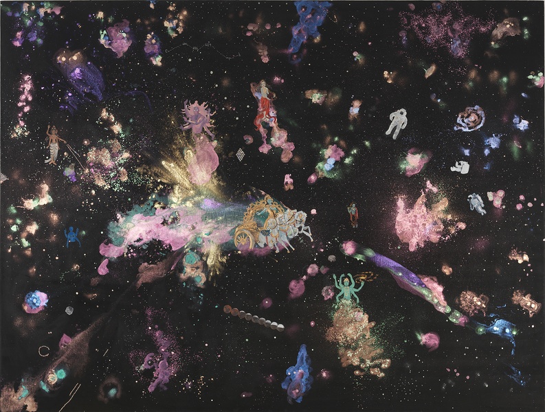  Large painting showing a big cosmic explosion, made out of iridescent acrylic paints, with deities riding a chariot and Hindu Gods creating the cosmos. 