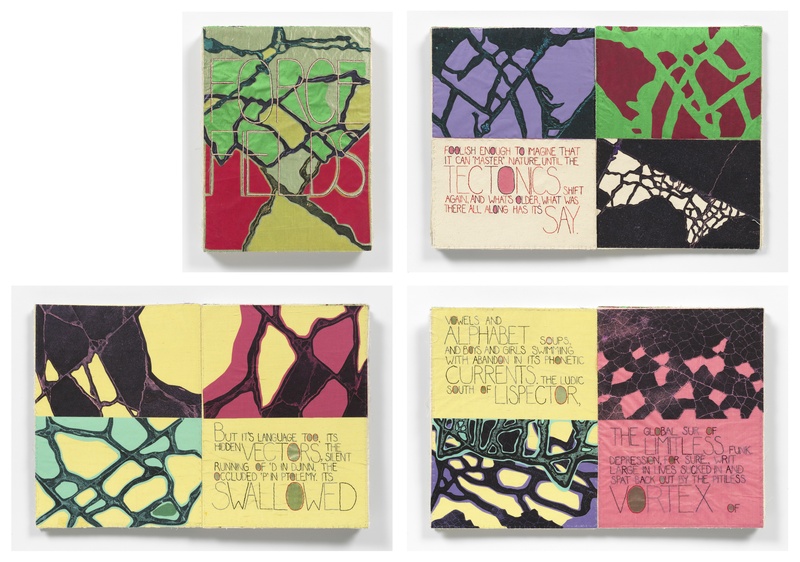  four views of one of a kind artist's book with text and abstracted images of cracks on cement printed on colorful fabrics. The text is embroidered. 