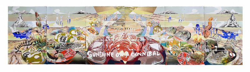  The work reads “Sunshine on a Cannibal” in white lettering in the center of the composition. This multicolor work features a landscape with smoke emerging from the ground. Vibrant reds, blues, and oranges color different objects. 
