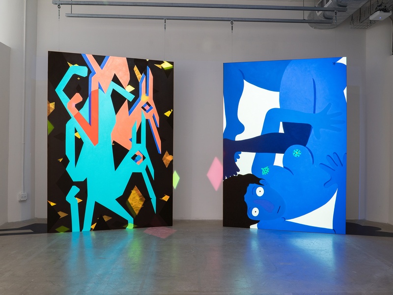  two images face one another, left images includes multiple colorful deer, right is absract painting of blue human in blue 