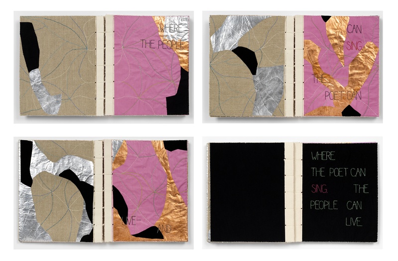  A one of a kind artist's book with dispersed transcriptions from an excerpt from James Baldwin’s essay “Nothing Personal.” The text is embroidered on aluminum and copper leaf which has been collaged on linen, and on pink and black cloth. 