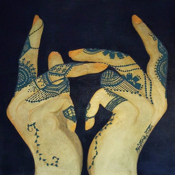  image description: a zoomed in painting of 2 hands decorated in green henna tattoos gently embracing. title, canvas appears in white letters. 