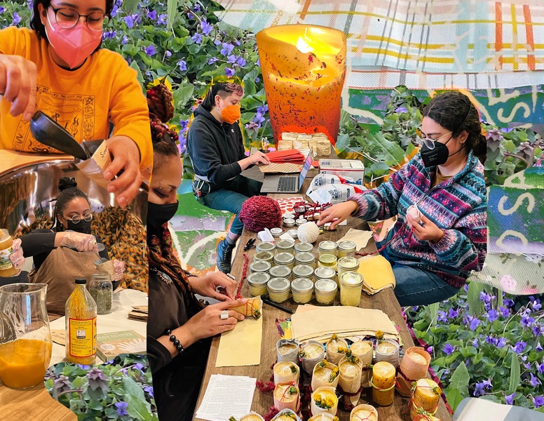  Collage image featuring people assembling colorful care packages of candles and herbal remedies 
