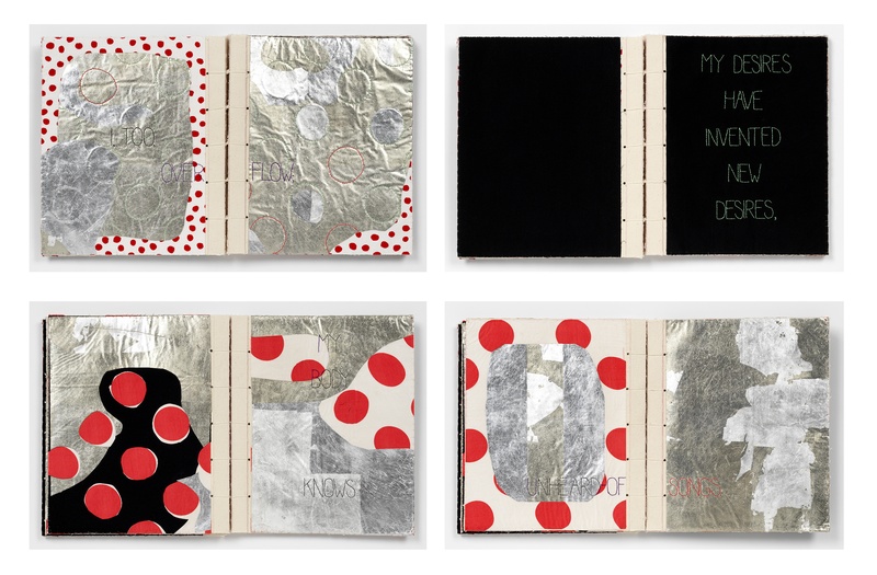  A one of a kind artist's book with dispersed transcriptions from Helene Cixous essay "The Laugh of the Medusa." The text is embroidered on aluminum and pewter leaf which has been collaged on cloth with red dot patterns. 