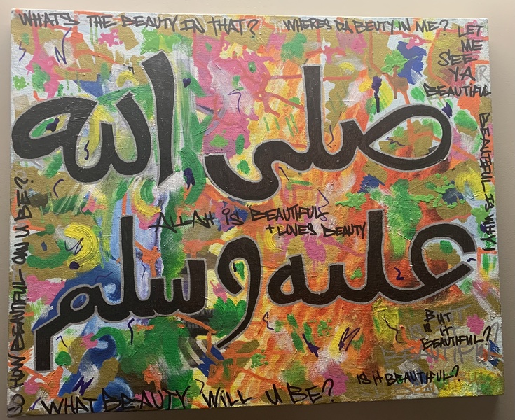  A multi-colored  painting with black text. 