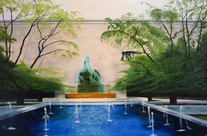  Painting of a reflecting pool and fountain in foreground with green leafed trees on either side and in background the stone facade of the Art Institute of Chicago with wall statue 
