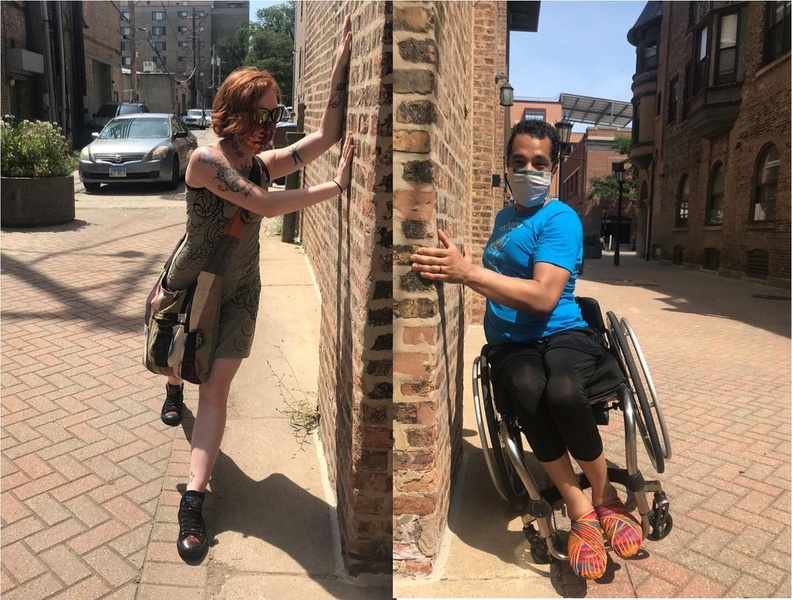  A split screen image on the left with a tattooed white woman standing with arms braced against a brick wall, and on the right a multiracial Black and Mexican-American man leaning his wheelchair against the seemingly same wall's opposite side 