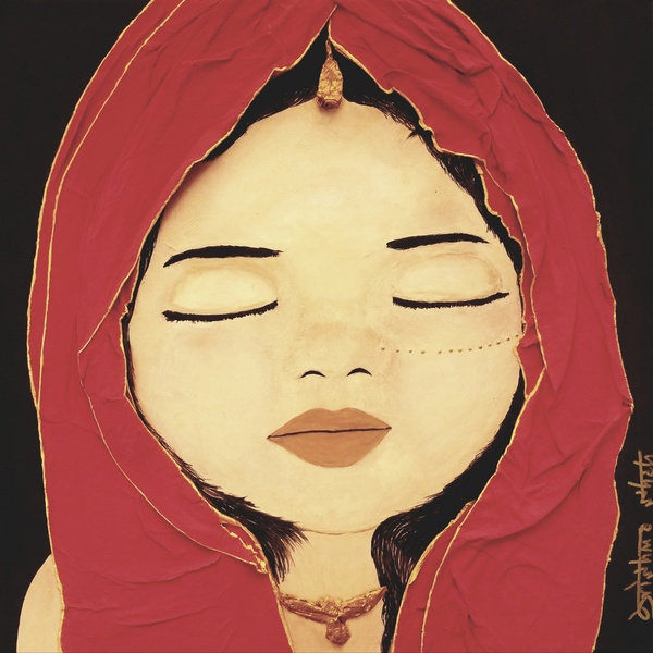  A painting of a young child wearing reddish pink head scarf (dupata) and jewelry. Her eyes are closed and she is smiling, because she is dreaming of all the adventures she is going to have. 