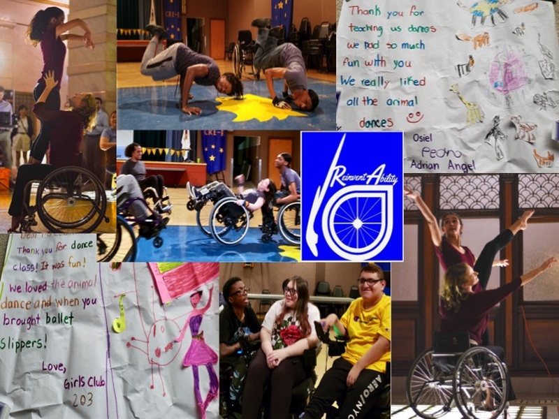  collage of photos including thank you notes from students; two dancers in a hip hop pose; student learning to do a sheelie; student posed on footplate of wheelchair as Ladonna reaches out; racially diverse group of four students smiling 