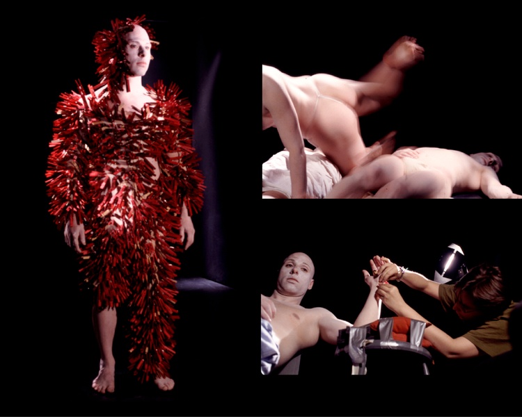  Three color photos of dancers. One dancer is covered with red clothes pins from head to toe. 