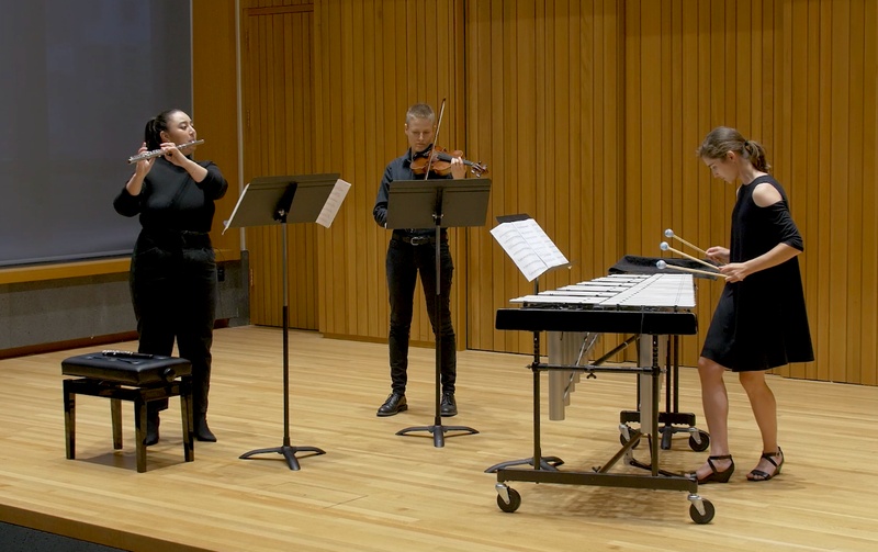  Three women perform as a trio — from left to right: flute, then violin, then vibraphone — on a stage in a small recital hall. They are all dressed in different styles of black clothing. 