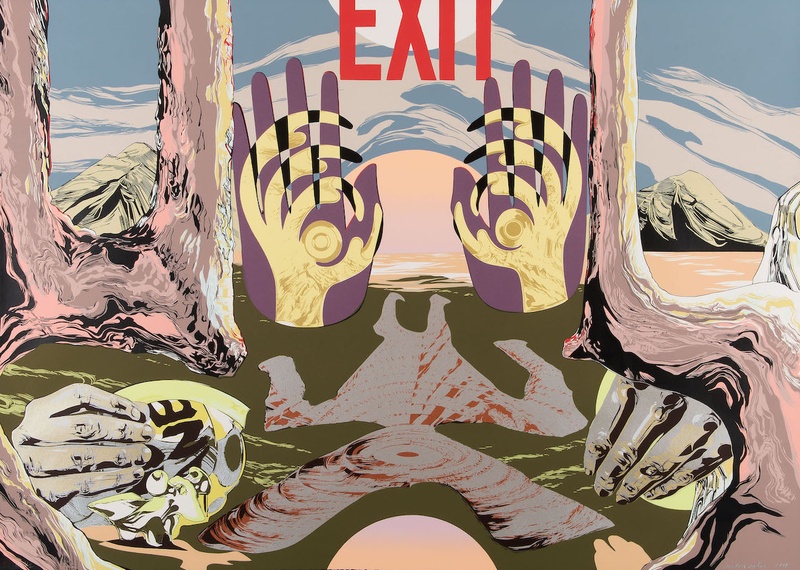  The work reads “exit” at the top. Two raised hands emerge from a multicolored landscape. Two other hands appear from the left and right and appear to be holding something. 