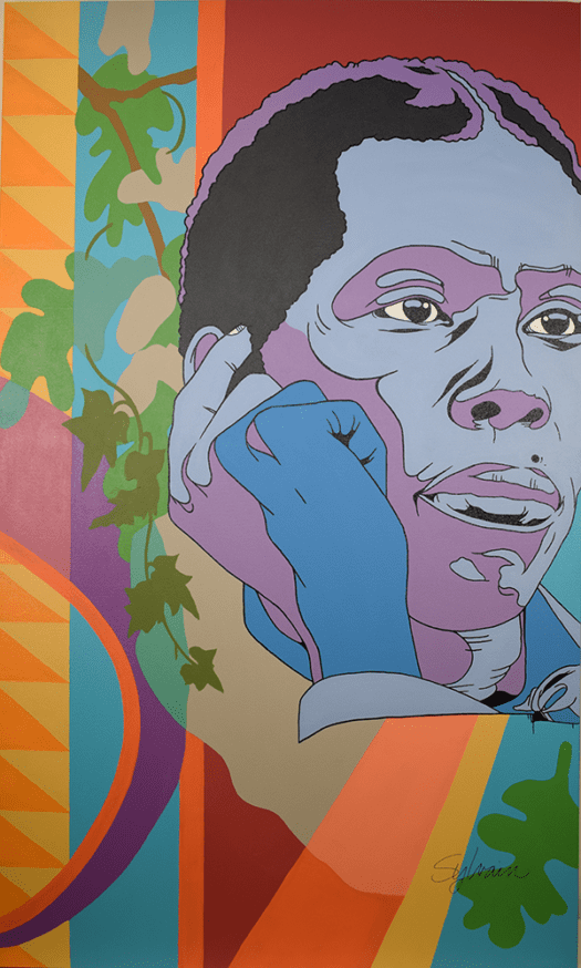 Artwork by Dorian Sylvain of Paul Laurence Dunbar. Paul's face sits in the corner of the canvas and he stares pensively off to the side. His hand rests on the side of his face and his body is a mixture of purples and blues. Surrounding him are vines.