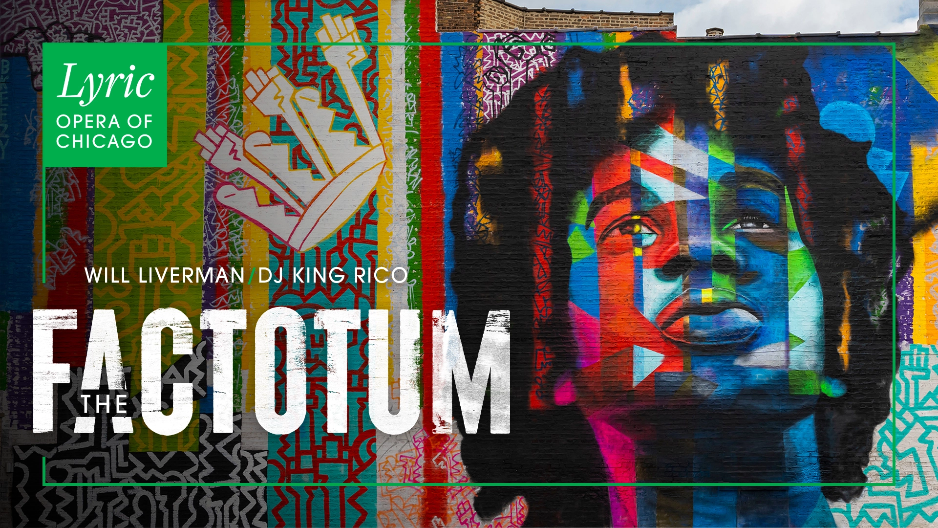 Image of a multicolored mural. The work features the face of an African American young person with a large afro and a crown. Text reads "The Factotum".