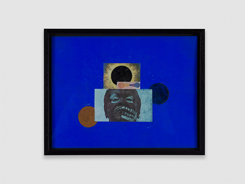 Image of a painting on canvas. A deep blue fills the background. Multicolored circles surround a blue square with a face at the center.