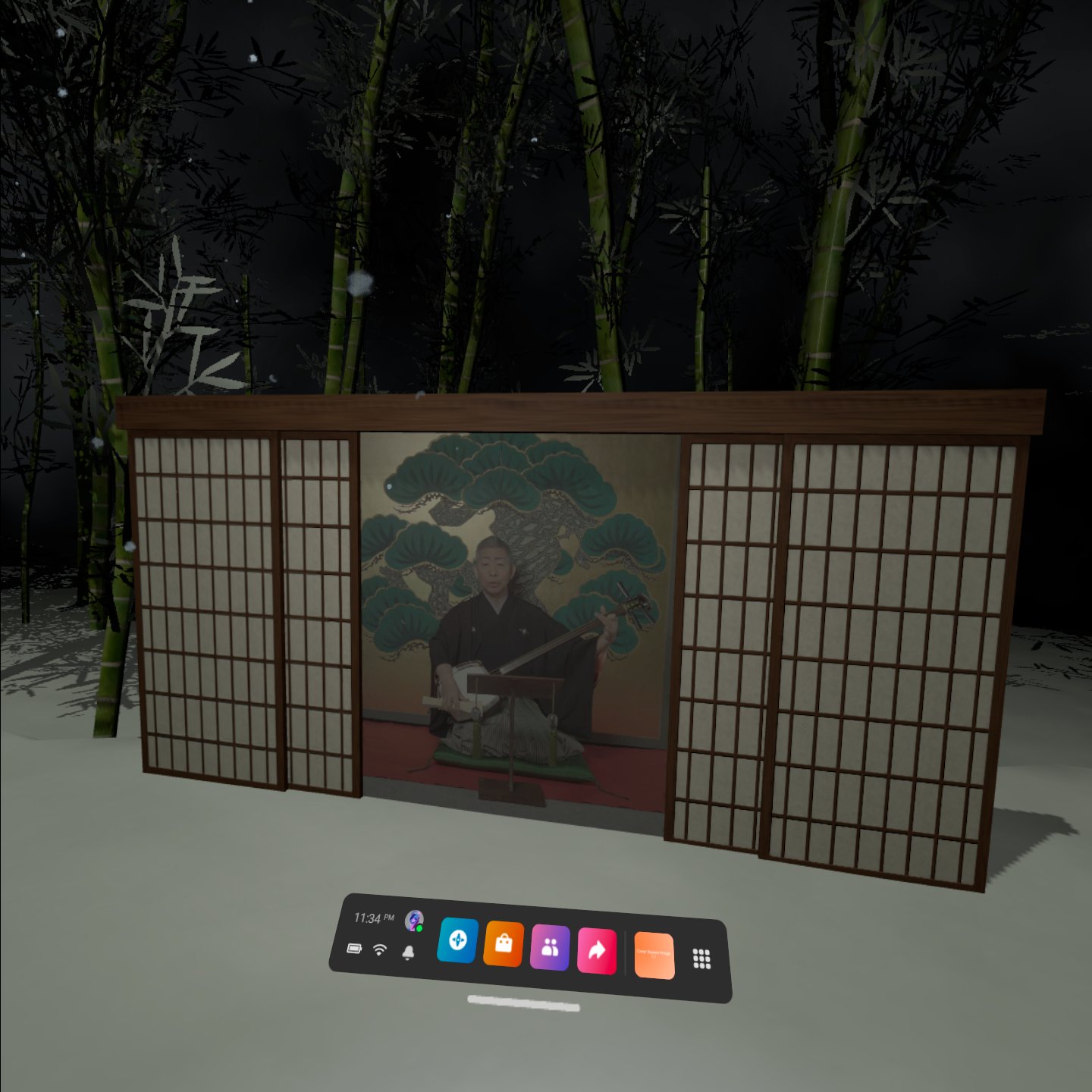  Image of Shamisen player embedded in shoji screens in a bamboo forest  with a VR control panel visible 