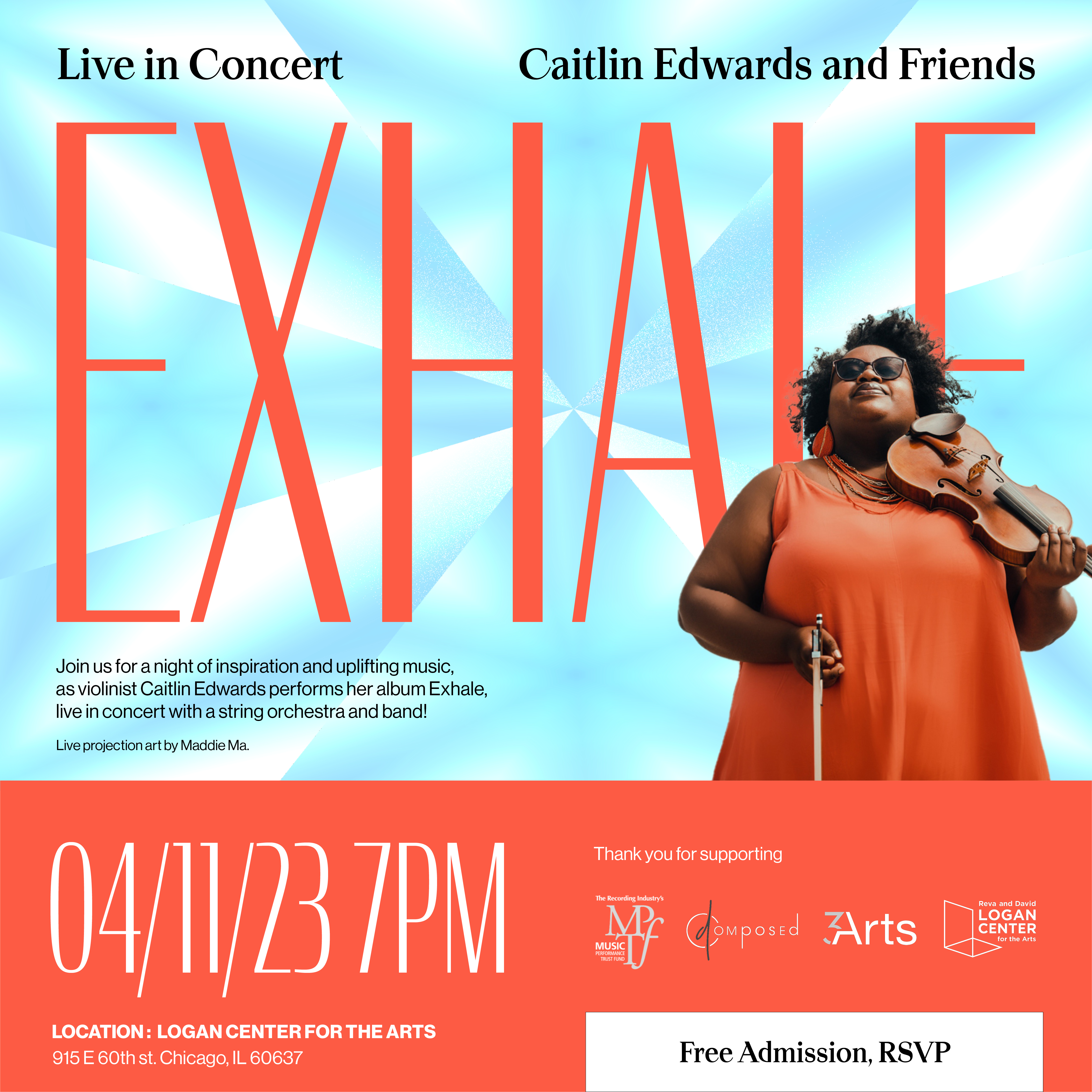  Caitlin Edwards holding a violin on her shoulder, holding a violin looking into the sky with glasses. Information about her April 11th 7 pm concert at the Logan Center for the Arts 