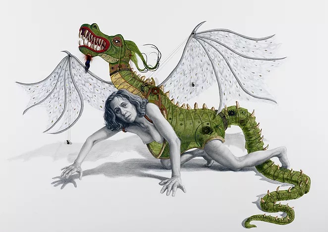Drawing of a woman intertwined with a dragon.